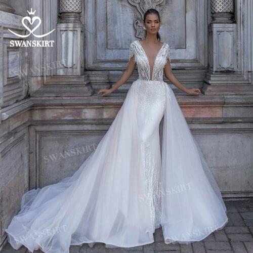Elegant 2 In 1 Detachable Train Wedding Dress 2021 Beaded Backless Mermaid Bridal Gown Princess SwanSarah UZ87 Vestido De Novia