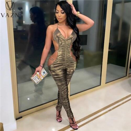 VAZN 2021 Pleated Chic Ladies Slim V-neck Shinny Sexy Lady Women Party Beach Jumpsuits Full Pant Bandage Rompers