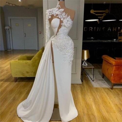 White Appliqued One Shoulder Prom Dresses 2021 Ruched Side Split Sexy Celebrity Dress robes de mariée Red Carpet Gowns