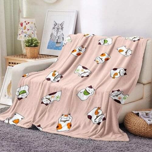 Lucky Cat/Fish 3D Print Cartoon Flannel Blanket Pink Background Fleece Blanket Picnic Fluffy Blanket Home Textile Throw Blanket