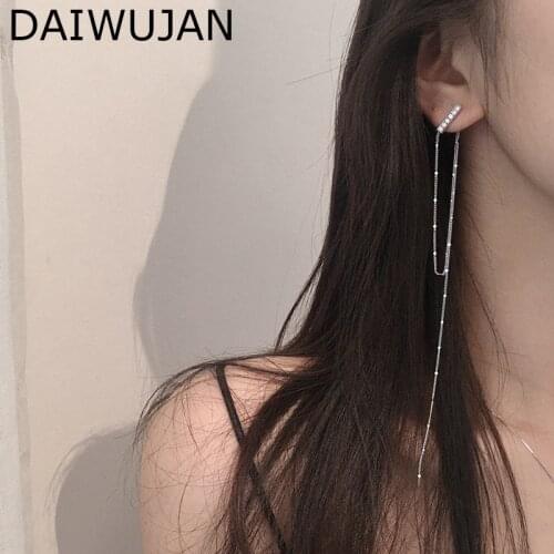 DAIWUJAN Korean 925 Silver Long Tassel Drop Earrings For Women Asymmetric Geometric Beads Chain Dangle Earrings Wedding Jewelry