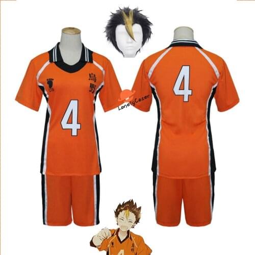 Anime Haikyuu Nishinoya Yuu Cosplay Costume No.4 Karasuno High School Volleyball Club Uniforms Orange T-shirt+Shorts Short Wig