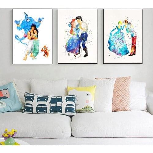 Wall Disney Elsa Belle Princess Watercolor Poster Disney Princess Cartoon Princess Canvas Painting for Children Art Room Decor