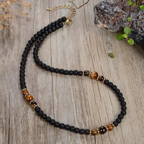 The new bohemian fashion natural frosted agate tiger eye stone turquoise steel necklace is popular for men and women jewelry
