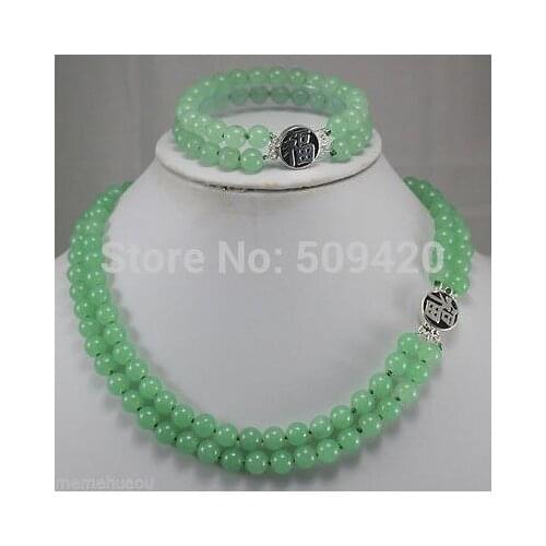 Wholesale jewe 2 Rows green jade stone silver clasp necklace bracelet