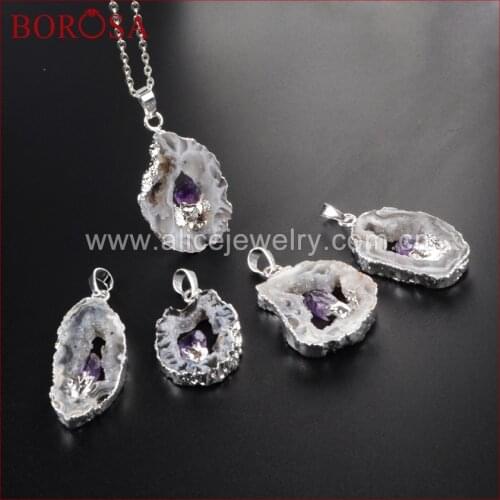 BOROSA Silver Color Natural Freeform Onyx Druzy Drusy Slice Pendant With Natural Purple Crystal Bead Necklace Jewelry WX008-N