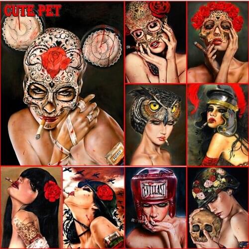 Punk Rose bullet war Smoking woman 5D Diy Diamond Painting Cross Stitch Home Decor Rhinestones Mosaic Inlay Diamond Embroidery