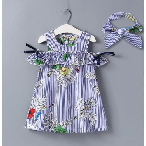 Off Shoulder Dress And Headscarf Girls Cute Newborn Baby Girls Short Sleeve Dress Princess Party Dresses New Striped Vestidos