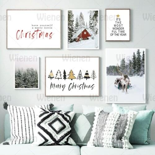 Christmas Moose Winter Forest Pine Canvas Painting Scandinavian Poster Nordic Style Wall Art Decoration Picture for Living Room