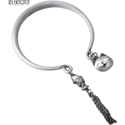 Handmade 100% 999 Silver Cat Fish Cuff Bracelet Pure Silver Women Bracelet Good Luck Bracelet Lady Jewelry