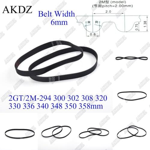 2MGT 2M 2GT Synchronous Timing belt Pitch length 294 300 302 308 320 330 336 340 348 350 358 width 6mm Rubber closed