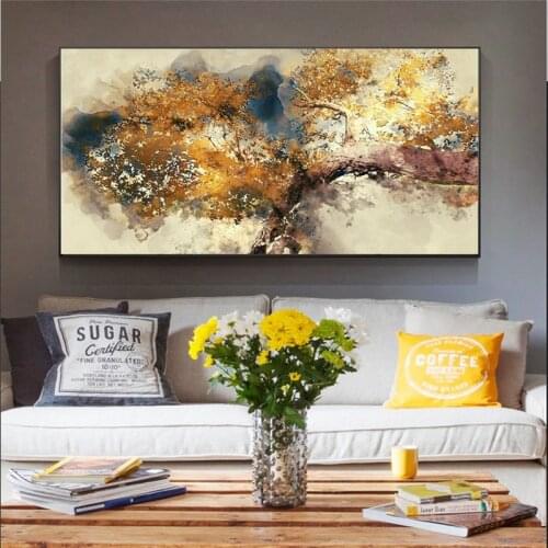 Modern Abstract Texture Brown Tree with Yellow Leaves Canvas Poster Painting on Canvas Wall Art Painting Home Decoration