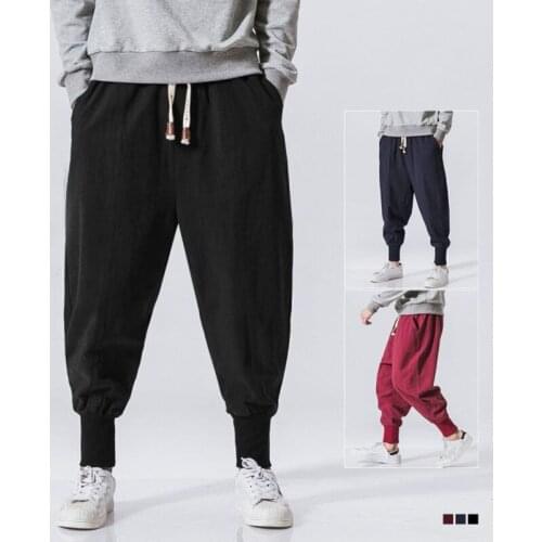 New Leisure Loose Mens Harem Pants Big Size 2020 Hip-Hop Style Solid Linen Sport Long Pants Elastic Waist Pantalones De Hombre