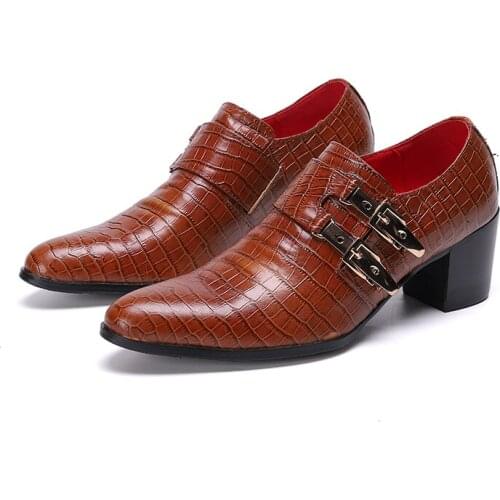 Handmade Rock Mens High Heel Shoes Metal Pointed Toe Brown Genuine Leather Men Dress Shoes Oxford Flats Blue Flowers Party Shoes