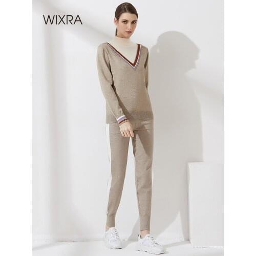 Wixra Women 2 Piece Set Tracksuit Turtleneck Sweater + Drawstring Knitted Harem Pants Autumn Winter Female Pullover