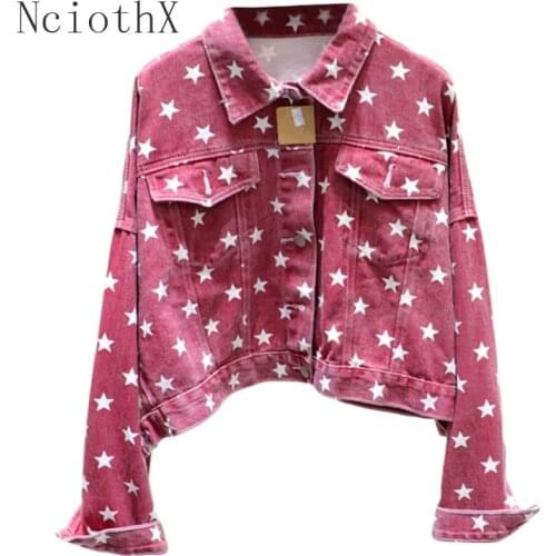 2021 New Jackets Women Autumn Fashion Pentagram Print Long sleeve Short Denim Coat Female Plus size Loose Basic Jeans Jacket