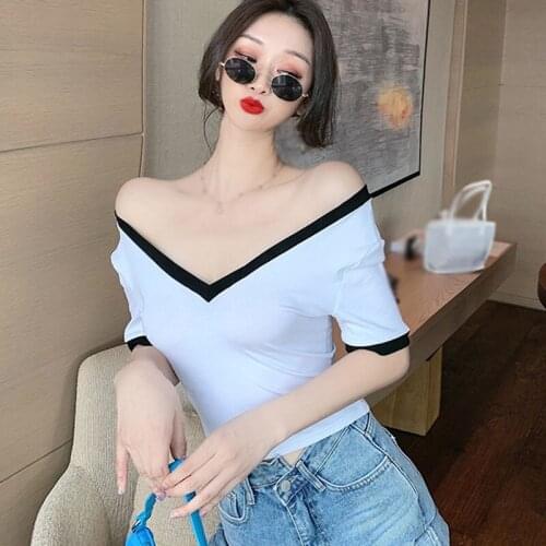 Women Fashion Summer T Shirt V-neck Sexy Exposed Navel Short Sleeve T-shirt Top Female Top Short Sleeve Tees