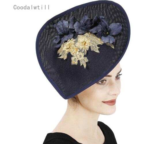 Gorgeous women trendy navy fedora cap flower fascinator formal wedding hat derby big millinery cap ladies party chapeau caps