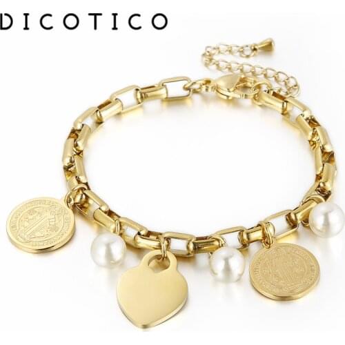 Creative Heart Wrist Bracelet For Women Imitation Pearl Stainless Steel Square Chain Pulseras Jewelry Accessory Women Bangle