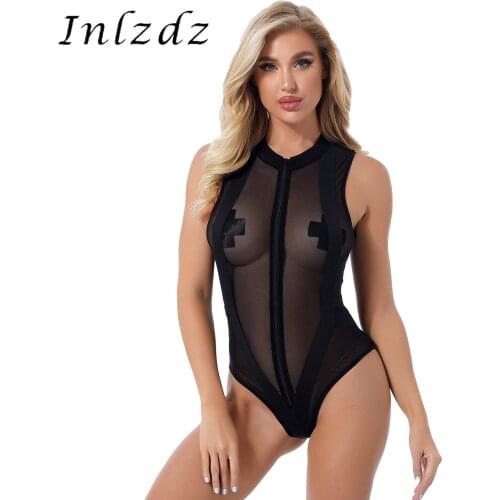 Womens Lingerie See Through Sheer Mesh Bodysuit Sleeveless O Neck Elastic Band Patchwork Leotard Zipper Front Catsuit Costume