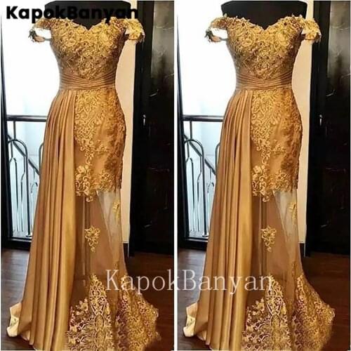 Golden Lace Appliques Beads Off-the-shoulder Illusion Net Mermaid Prom Dress Evening Party Gown