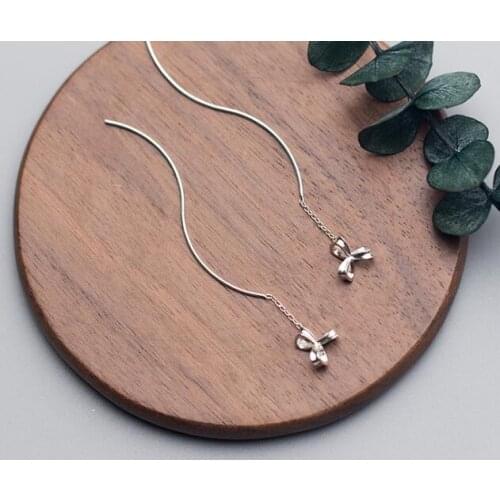 1pair 100% Real. 925 Sterling Silver Fine Jewelry Waterwave &shamrock Pull Through Threader dangle Earrings long gtle2035