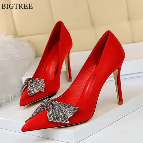 Crystal Bowtie Womens Red Wedding Shoes 2020 New Pointed Toe Party Women Pumps Solid Flock Shallow High Heels Shoes Woman Sexy