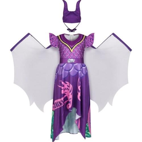 3Pcs Descendants Witch Evie Mal Cosplay Girls Dress Horn Hat Wings Suit Kids Children Cartoon Skirt Evil Queen Costume Headwear