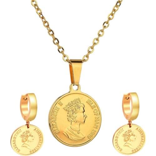 316L Stainless Steel Simple Queen Double-sided Embossed Portrait Necklace Earring Set Ladies Jewelry Set