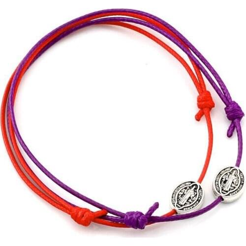 50pcs Wax Rope Weave Bracelet Medal Benedict Santa Cruz Crucifix Oval Spacers Beads Adjustable Cord Wrist Handmade DIY 2color