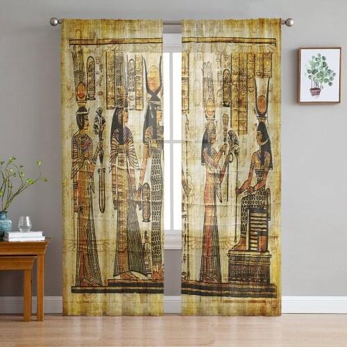 Ancient Egypt Retro Totem Mural Tulle Sheer Window Curtains for Living Room Kitchen Children Bedroom Voile Hanging Curtain