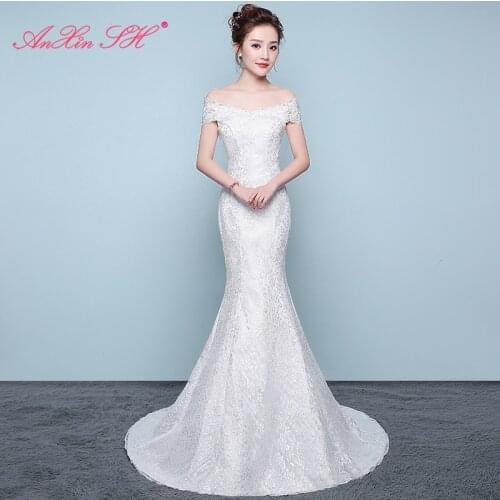 AXJFU flower white lace princess mermaid wedding dress vintage boat neck sleeveless bride trumpet wedding dress