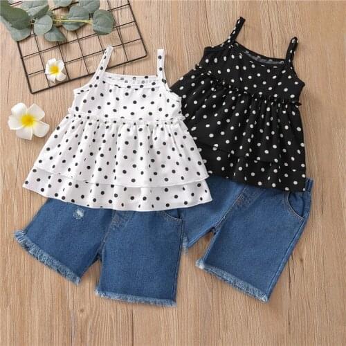 2 Pieces Kids Suit Set, Polka Dots Print U-Neck Camisole+ Solid Color Denim Shorts for Girls, White/Black, 1-6 Years