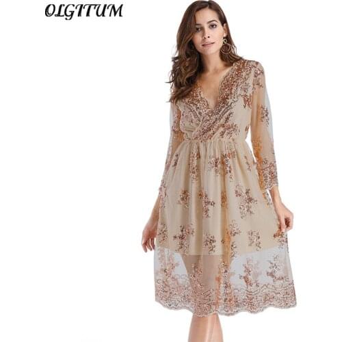 Hot 2019 Autumn Dress Vestido Women Sexy V neck dress Mesh Long Sleeve Sequin Party Dresses Streetwear Midi Dress Female S-2XL