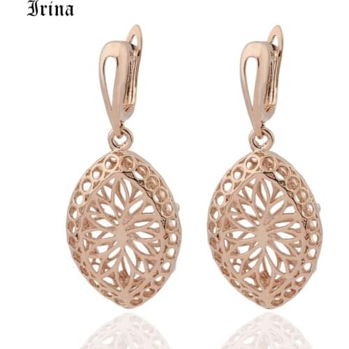 Irina Elegant Earring Unique Carved Hollow Rose Gold Long Drop Dangle Earrings Women Wedding Party Vintage Earrings Jewelry