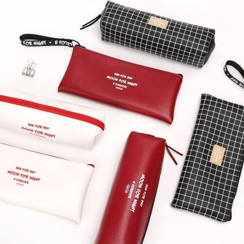 Kawaii grid leather Pencil Bag Case Stationery Storage simple Organizer Bag School Office Supply