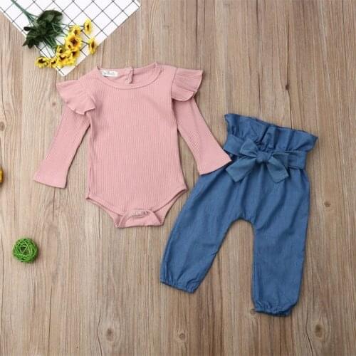 Newborn Baby Girl Pink Knitted Clothes Long Sleeve Romper Top + Pants Trousers Clothes Newborn Outfit Autumn Clothing Set