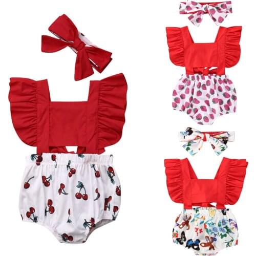 Newborn Baby Girl Ruffle Cute Bodysuit Headband 2PCS Short Sleeve Print Jumpsuits Sunsuit Outfits Summer Set