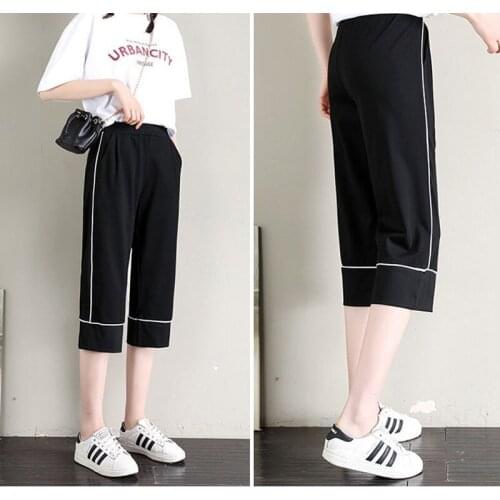 Fashion Women Hot Summer Plus Size High Rise Sport Knit Elastic Waist Denim Wide Leg Capri Pants Casual Ladies Loose Sweatpants