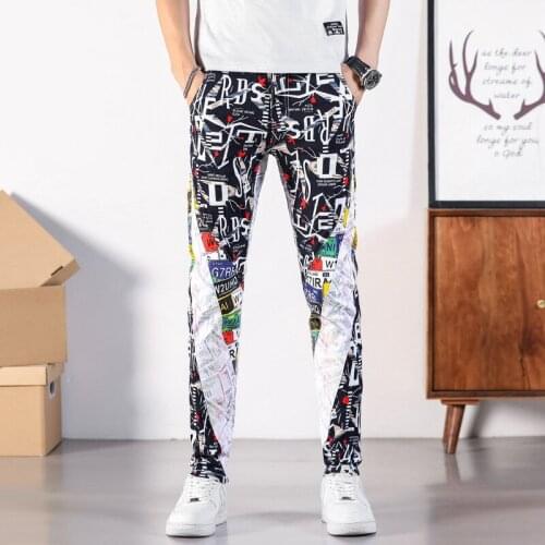 2021 Mens Letters Printed Patchwork White Jeans Fashion Colored Painted Slim Straight Denim Pants Simple comfortable