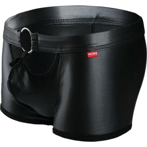 Metal Ring Mens Sexy Boxers With Trunk Pouch Boxer PU Leather Men Sexy Underpants Cueca Boxer Shorts