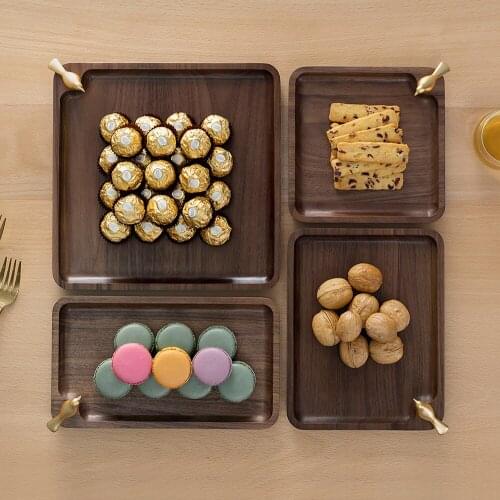 Wooden Plate Set Cake Dessert Fruit Dishes Tableware Set Snacks Dinner Plate Home Brass Bird Decoration Tray Wood Candy Plates