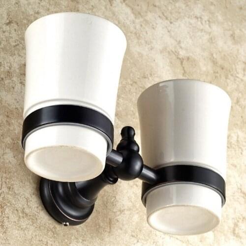 Cup & Tumbler Holders Wall Mount Ceramic Cup Bathroom Accessories Black Brass Double Tumbler Holders Toothbrush Cup Holder KD615