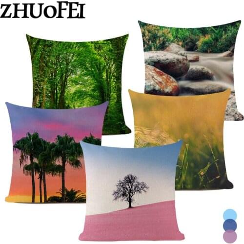 Forest Landscape Printed Cushion Covers Tropical Green Leaf Linen Pillowcase 18*18in Home Decorative Seat Pillow Covers C0023