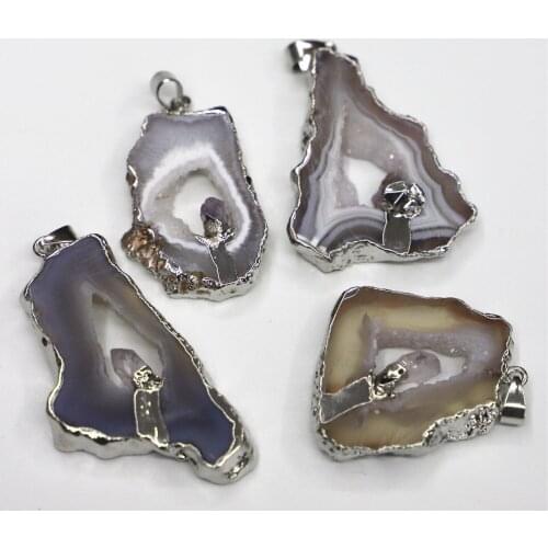 Irregular Gray Agates Crystal Stone Quartz Necklace Womens DIY Halo Natural Agates Pendant Chakra Hemming Slice