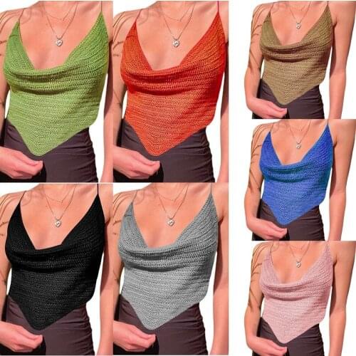 New Womens Halter Crop Cami Tops Sleeveless Solid Color Cowl Neck Self-Tie Backless Crochet Camisole Summer Clothes
