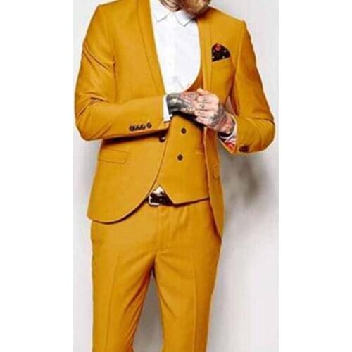 New Custom Fashion Handsome Men Yellow Men Suit Slim Fit Groom Tuxedo For Wedding Dress Dinner Party Costume (Jacket+Vest+Pants)