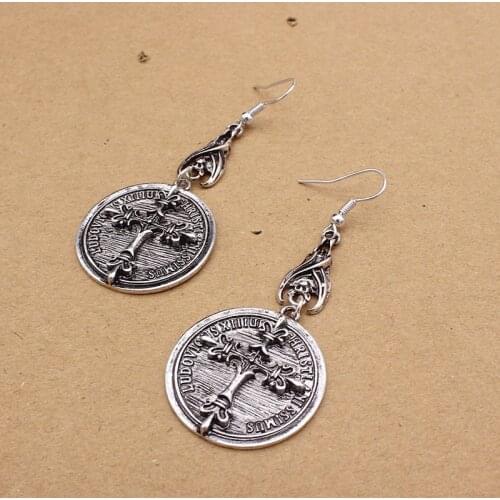One Hand Wholesale Dark Gothic Victorian Punk Antique Silver Color Round Shape Bat Upside down Cross Ear Hook Earrings