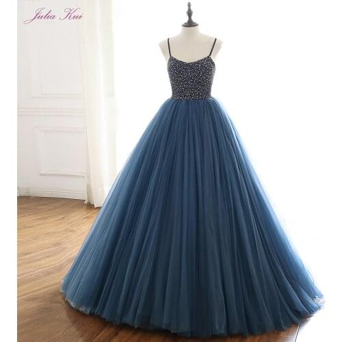 Julia Kui Navy Blue A-Line Spaghetti Strap Evening Dress With Lace Up Closure Beading Vestido De Festa