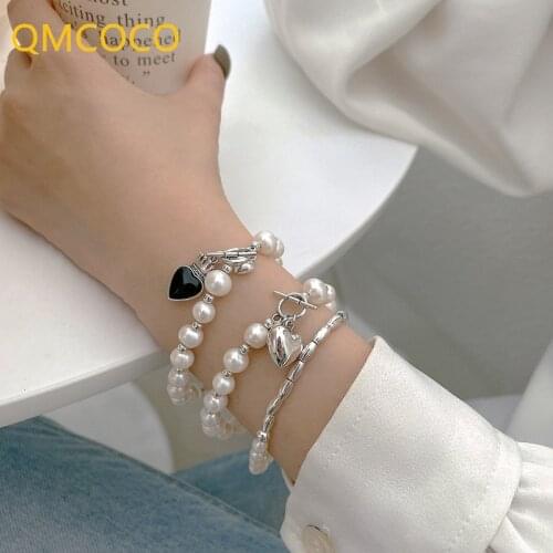 QMCOCO 925 Silver Bracelets For Girl Summer New Trendy Elegant Sweet String of Pearls Heart-Shape Party Jewelry Birthday Gift